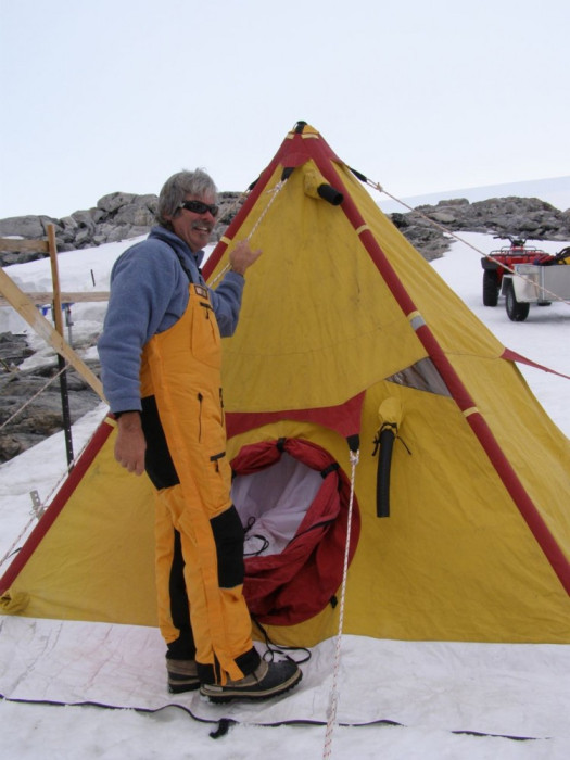 One of the conservation team working on Mawson's Hut